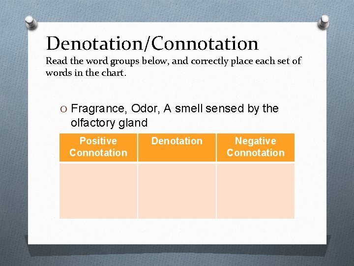Denotation/Connotation Read the word groups below, and correctly place each set of words in