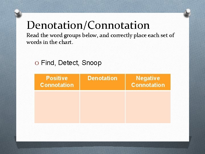 Denotation/Connotation Read the word groups below, and correctly place each set of words in