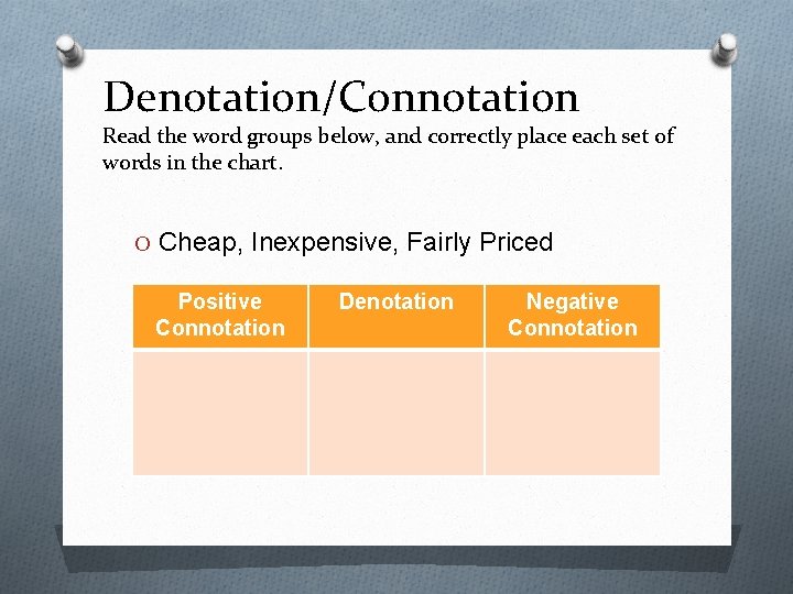 Denotation/Connotation Read the word groups below, and correctly place each set of words in