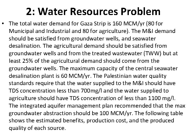 2: Water Resources Problem • The total water demand for Gaza Strip is 160