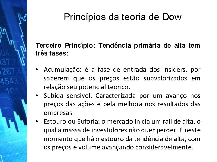 Princípios da teoria de Dow Terceiro Princípio: Tendência primária de alta tem três fases: