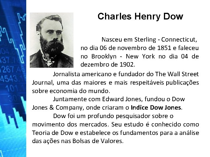 Charles Henry Dow Nasceu em Sterling - Connecticut, no dia 06 de novembro de