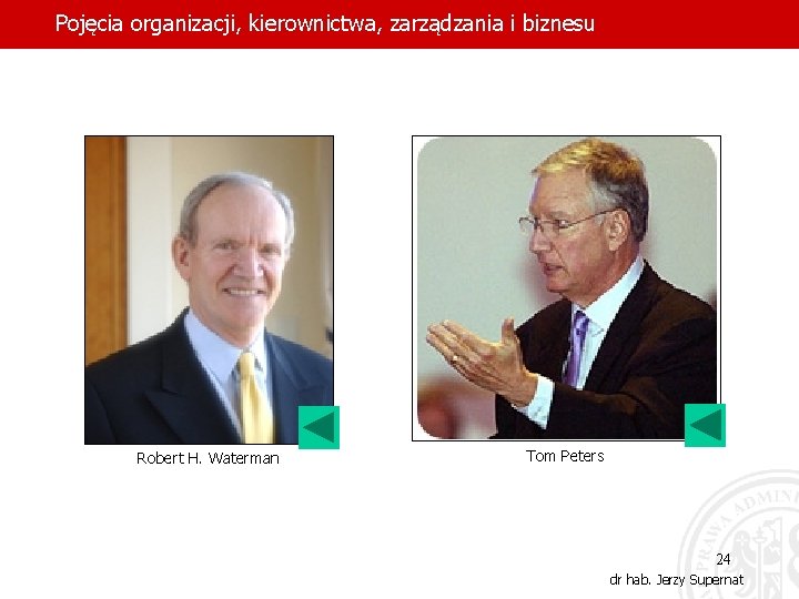 Pojęcia organizacji, kierownictwa, zarządzania i biznesu Robert H. Waterman Tom Peters 24 dr hab.