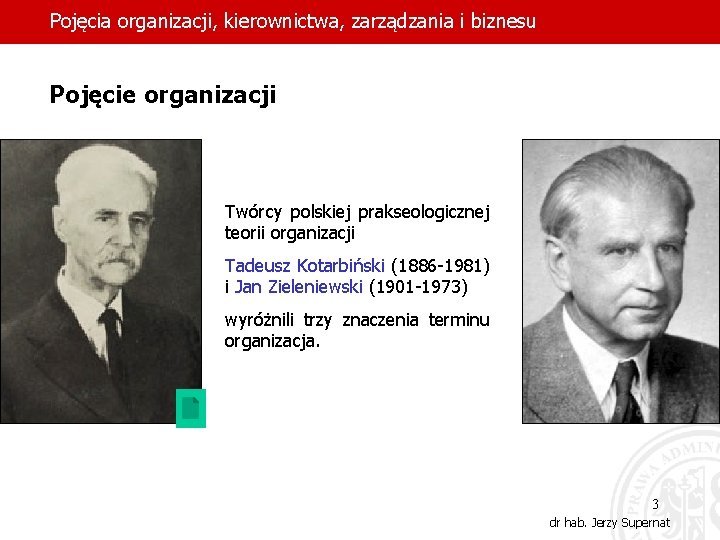 Pojęcia organizacji, kierownictwa, zarządzania i biznesu Pojęcie organizacji Twórcy polskiej prakseologicznej teorii organizacji Tadeusz