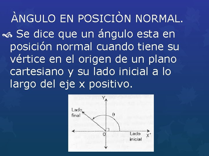 ÀNGULO EN POSICIÒN NORMAL. Se dice que un ángulo esta en posición normal cuando