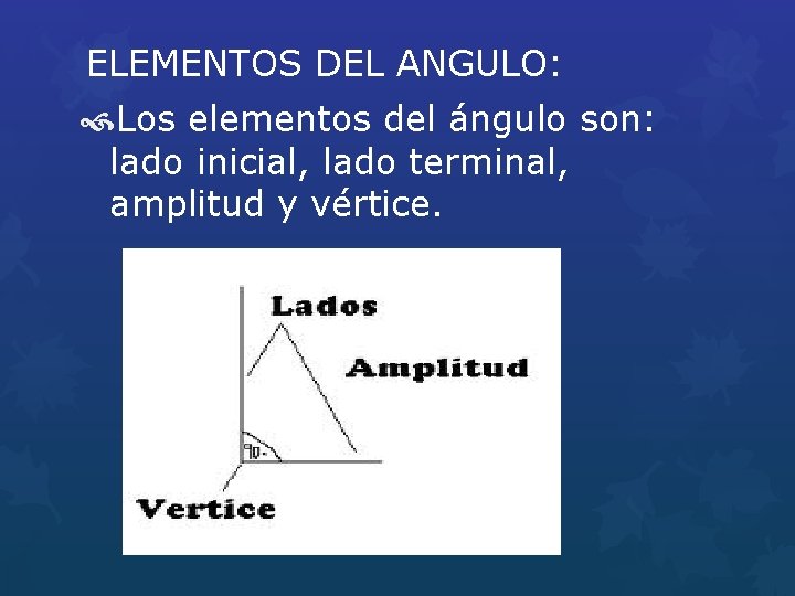 ELEMENTOS DEL ANGULO: Los elementos del ángulo son: lado inicial, lado terminal, amplitud y