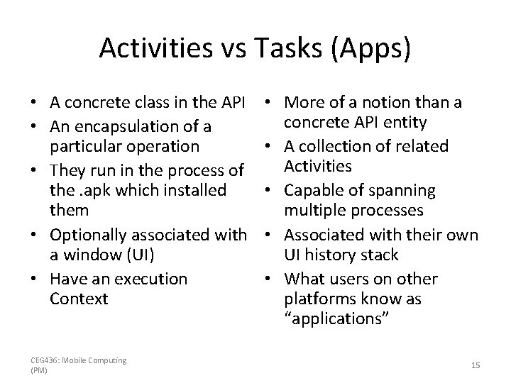 Activities vs Tasks (Apps) • A concrete class in the API • An encapsulation