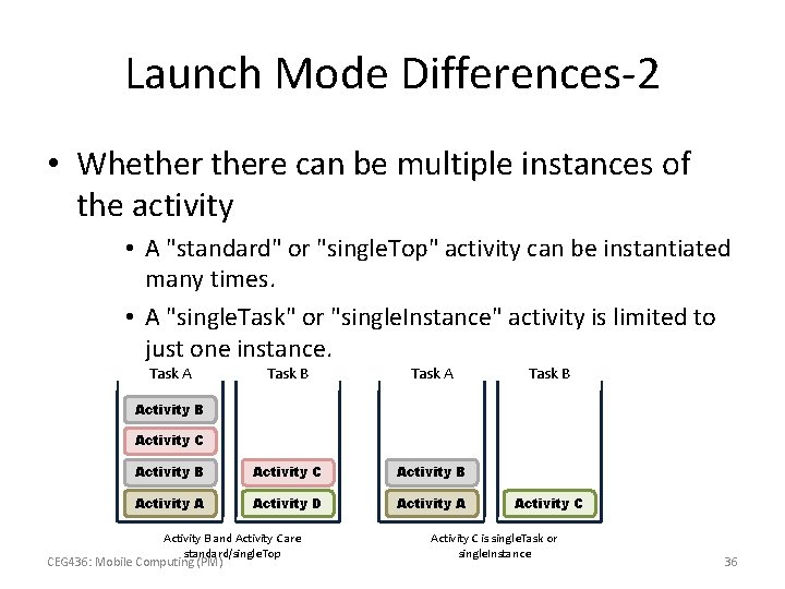Launch Mode Differences-2 • Whethere can be multiple instances of the activity • A