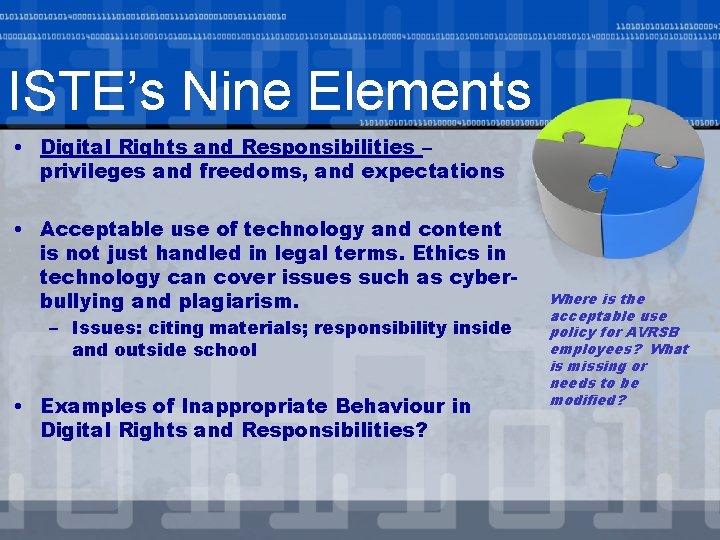 ISTE’s Nine Elements • Digital Rights and Responsibilities – privileges and freedoms, and expectations