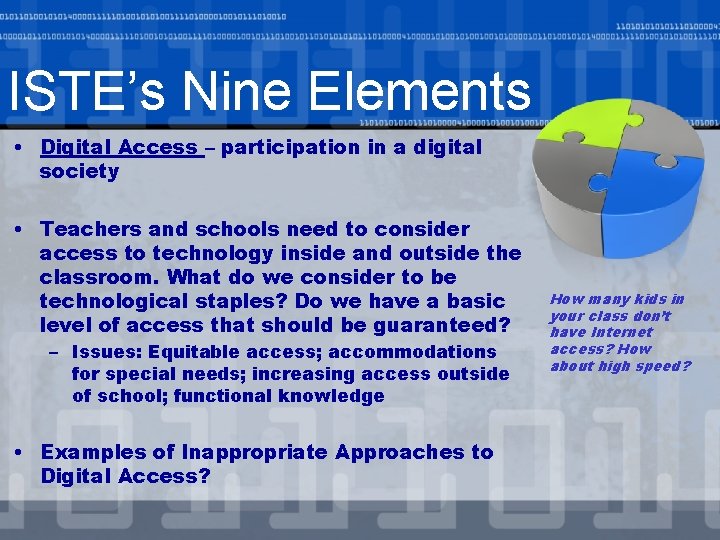 ISTE’s Nine Elements • Digital Access – participation in a digital society • Teachers