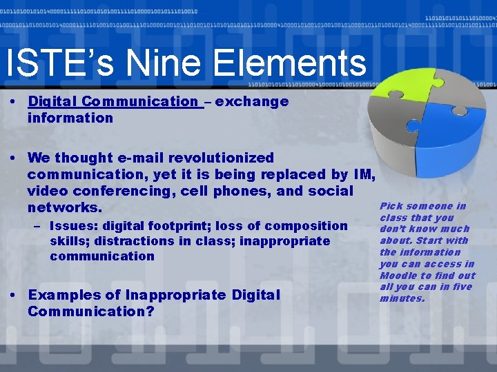 ISTE’s Nine Elements • Digital Communication – exchange information • We thought e-mail revolutionized