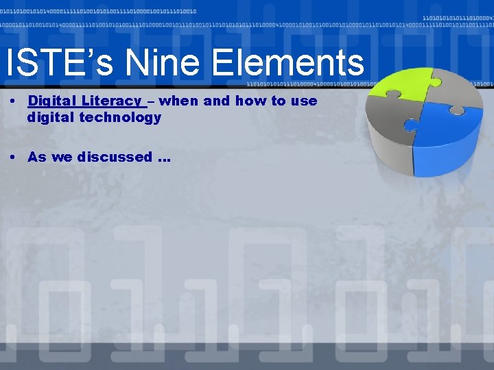 ISTE’s Nine Elements • Digital Literacy – when and how to use digital technology