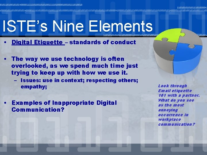 ISTE’s Nine Elements • Digital Etiquette – standards of conduct • The way we