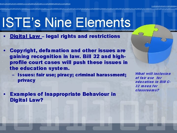 ISTE’s Nine Elements • Digital Law – legal rights and restrictions • Copyright, defamation