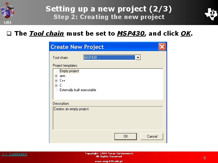 Setting up a new project (2/3) UBI Step 2: Creating the new project q