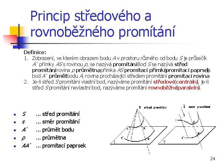 Princip středového a rovnoběžného promítání Definice: 1. Zobrazení, ve kterém obrazem bodu A v