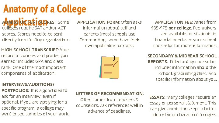 Anatomy of a College Application ADMISSION TEST SCORES: Some colleges require SAT and/or ACT
