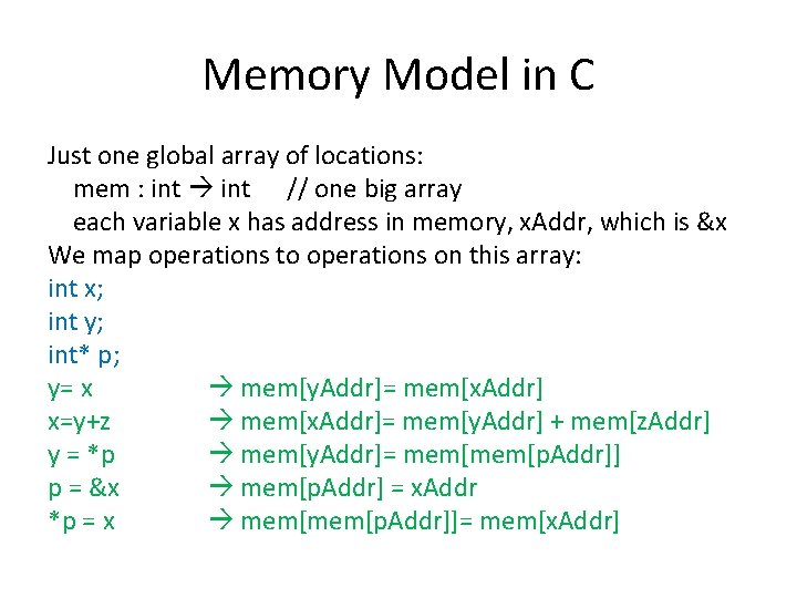 Memory Model in C Just one global array of locations: mem : int //