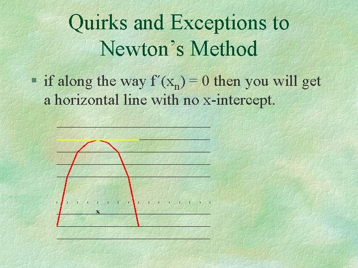 Quirks and Exceptions to Newton’s Method § if along the way f´(xn) = 0 Quirks and Exceptions to Newton’s Method § if along the way f´(xn) = 0