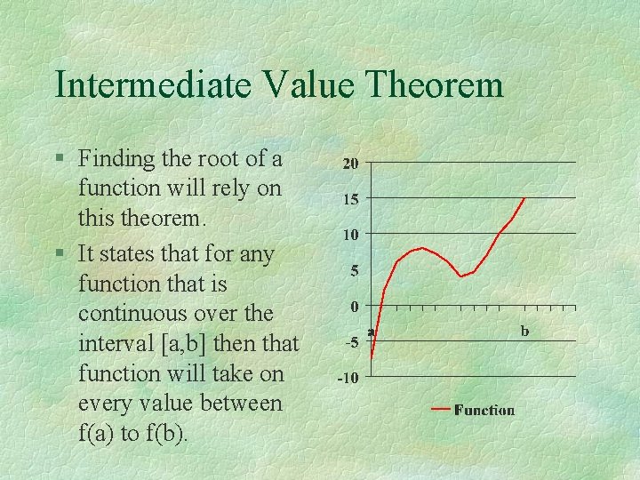 Intermediate Value Theorem § Finding the root of a function will rely on this Intermediate Value Theorem § Finding the root of a function will rely on this