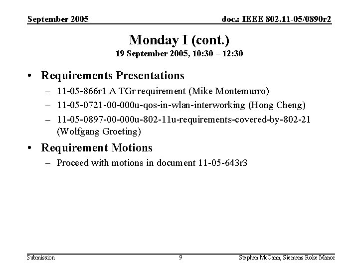 September 2005 doc. : IEEE 802. 11 -05/0890 r 2 Monday I (cont. )