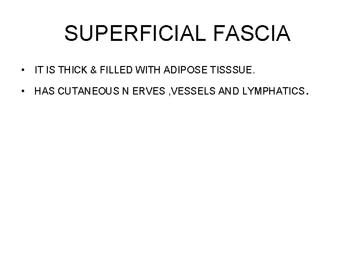 SUPERFICIAL FASCIA • IT IS THICK & FILLED WITH ADIPOSE TISSSUE. • HAS CUTANEOUS