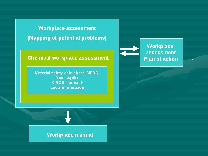 Workplace assessment (Mapping of potential problems) Chemical workplace assessment Material safety data sheet (MSDS)