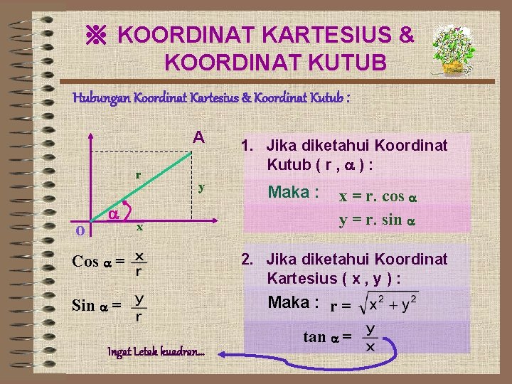 ※ KOORDINAT KARTESIUS & KOORDINAT KUTUB Hubungan Koordinat Kartesius & Koordinat Kutub : A