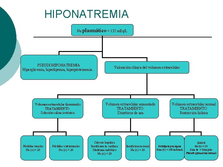 HIPONATREMIA Na plasmático < 135 m. Eq/L PSEUDOHIPONATREMIA Hiperglicemia, hiperlipemia, hiperproteinemia. . . Volumen