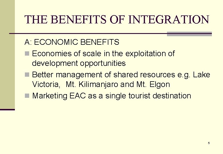 THE BENEFITS OF INTEGRATION A: ECONOMIC BENEFITS n Economies of scale in the exploitation