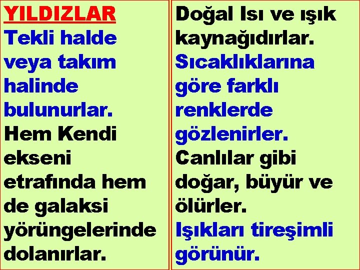 YILDIZLAR Tekli halde veya takım halinde bulunurlar. Hem Kendi ekseni etrafında hem de galaksi