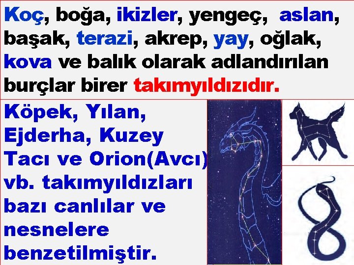 Koç, boğa, ikizler, yengeç, aslan, başak, terazi, akrep, yay, oğlak, kova ve balık olarak