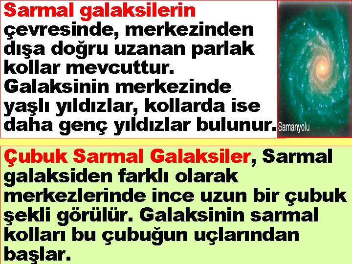 Sarmal galaksilerin çevresinde, merkezinden dışa doğru uzanan parlak kollar mevcuttur. Galaksinin merkezinde yaşlı yıldızlar,