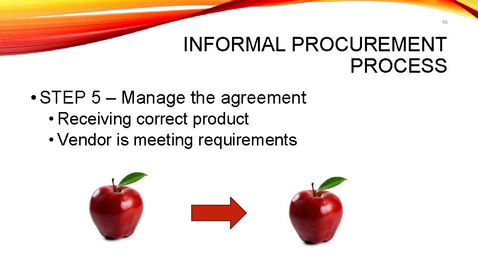 10 INFORMAL PROCUREMENT PROCESS • STEP 5 – Manage the agreement • Receiving correct