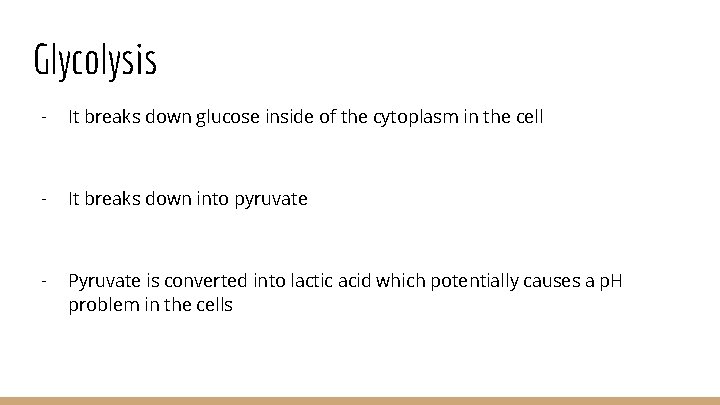 Glycolysis - It breaks down glucose inside of the cytoplasm in the cell -