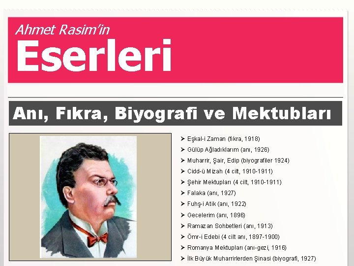 Ahmet Rasim’in Eserleri Anı, Fıkra, Biyografi ve Mektubları Ø Eşkal-i Zaman (fıkra, 1918) Ø