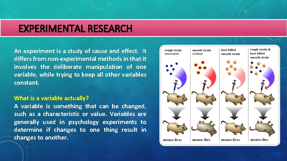 EXPERIMENTAL RESEARCH An experiment is a study of cause and effect. It differs from
