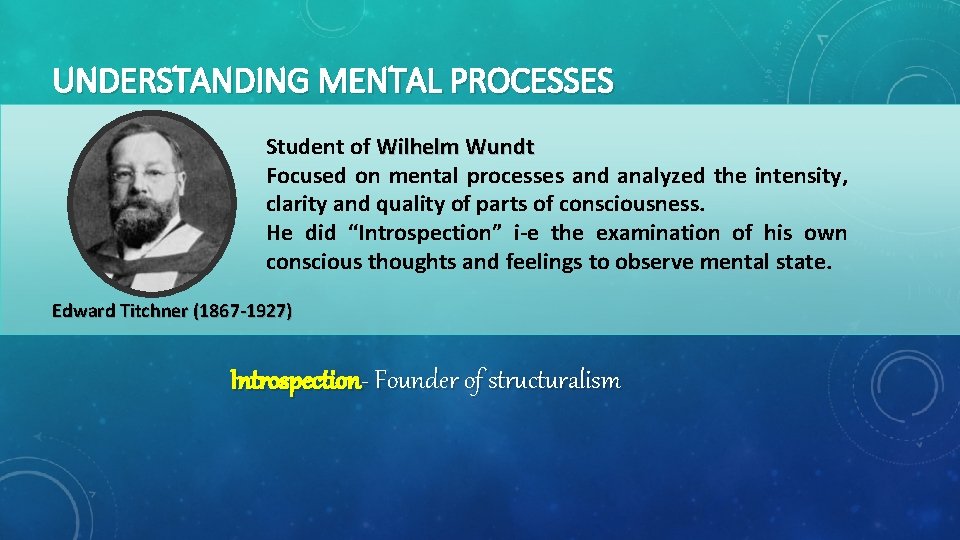 UNDERSTANDING MENTAL PROCESSES Student of Wilhelm Wundt Focused on mental processes and analyzed the