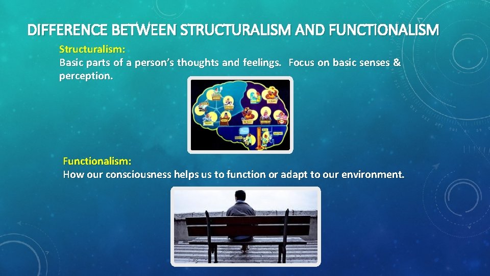 DIFFERENCE BETWEEN STRUCTURALISM AND FUNCTIONALISM Structuralism: Basic parts of a person’s thoughts and feelings.
