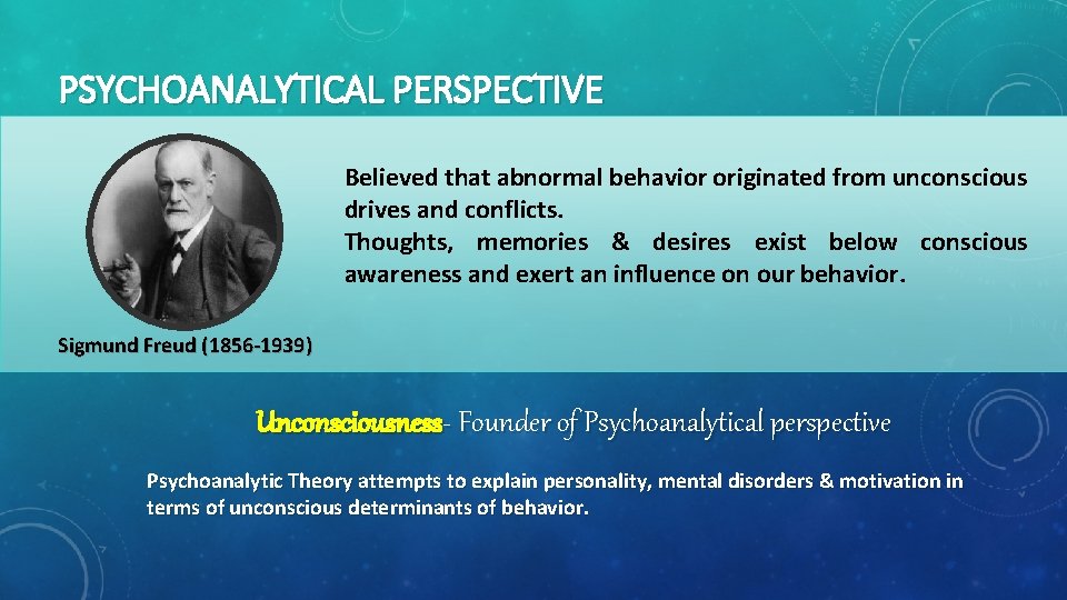 PSYCHOANALYTICAL PERSPECTIVE Believed that abnormal behavior originated from unconscious drives and conflicts. Thoughts, memories