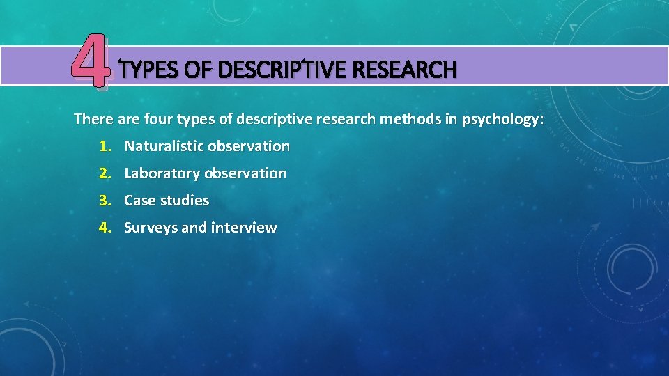 4 TYPES OF DESCRIPTIVE RESEARCH There are four types of descriptive research methods in
