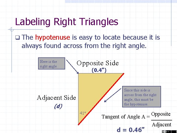 Labeling Right Triangles The hypotenuse is easy to locate because it is always found