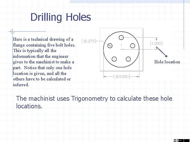 Drilling Holes Here is a technical drawing of a flange containing five bolt holes.