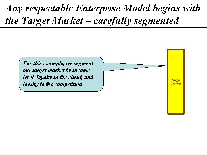 Any respectable Enterprise Model begins with the Target Market – carefully segmented For this