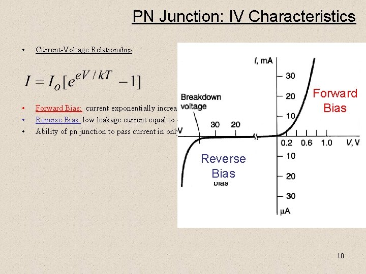 PN Junction: IV Characteristics • • Current-Voltage Relationship Forward Bias: current exponentially increases. Reverse