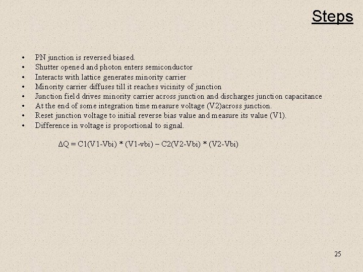 Steps • • PN junction is reversed biased. Shutter opened and photon enters semiconductor