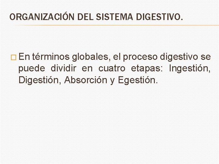 ORGANIZACIÓN DEL SISTEMA DIGESTIVO. � En términos globales, el proceso digestivo se puede dividir