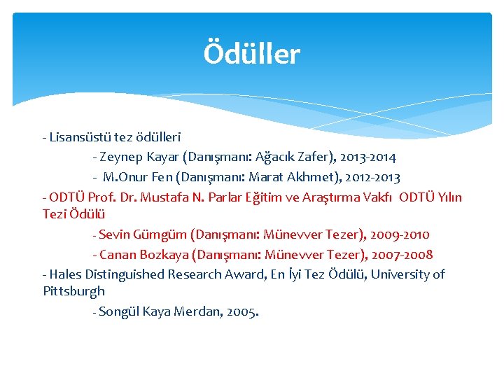 Ödüller - Lisansüstü tez ödülleri - Zeynep Kayar (Danışmanı: Ağacık Zafer), 2013 -2014 -