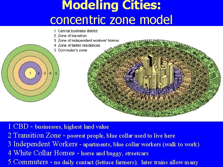 Modeling Cities: concentric zone model 1 CBD - businesses, highest land value 2 Transition