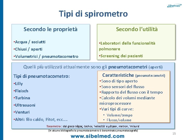 Tipi di spirometro Secondo le proprietà • Acqua / asciutti • Chiusi / aperti